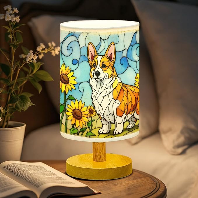 Corgi Table Lamp LED 3-Color Pressed Bedside, Dog Shade Lamp with Wood Base for Bedroom Living Room Desk Office - Bloomnest
