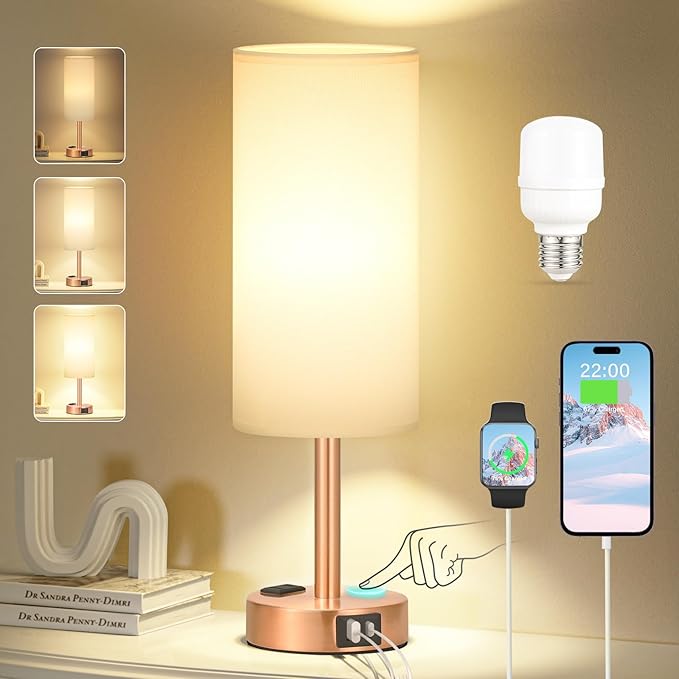 Fenmzee Bronze Nightstand Bedroom Lamp - 3 Way Dimmable Bedside Lamp USB C A Charging Ports and AC Outlet, Small Table Lamp White Linen Lampshade for Desk, LED Bulb Included - Bloomnest