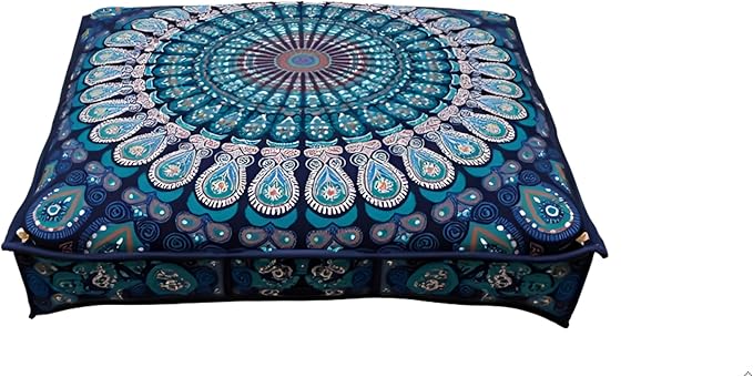 INDIAN CRAFT CASTLE 24" Blue Peacock Mandala Barmeri Large Floor Pillow Cover Cushion Meditation Seating Ottoman Throw Cover Hippie Decorative Zipped Bohemian Pouf Ottoman Pom Pom Cases 24" Square - Bloomnest