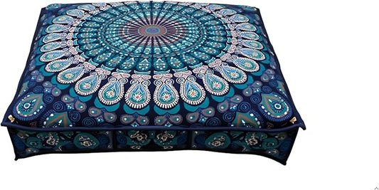 INDIAN CRAFT CASTLE 24" Blue Peacock Mandala Barmeri Large Floor Pillow Cover Cushion Meditation Seating Ottoman Throw Cover Hippie Decorative Zipped Bohemian Pouf Ottoman Pom Pom Cases 24" Square - Bloomnest