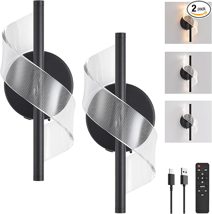 Cordless Wall Sconces Set of 2, Helical Wireless Rechargeable Battery Wall Light with Remote Control Dimmable. Portable Lighting for Wall Painting, Living Room, Bedroom, Night Light. 11.8''Black - Bloomnest