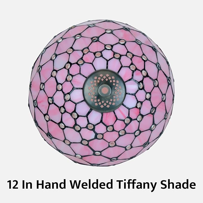 Tiffany Lamp Vintage Pink Stained Glass Bead Table Lamp Desk Bedside Reading Light Decor Bedroom Living Room Home Office D12*H18 Inches - Bloomnest