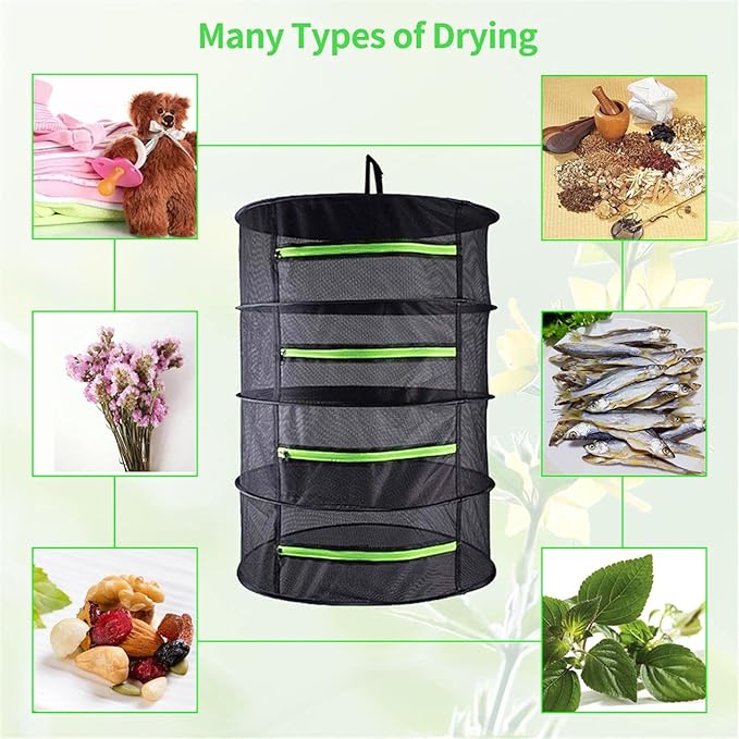 Drying Rack Net Dryer 4 Layer 2ft Black W/Green Zippers Hydroponics Drying Rack Herbs for Plant Bud Seed,Plant Racks for Weed,Mesh Hanging Plant Dry,Herb Dry,for Garden Outdoor Bud Tea - Bloomnest