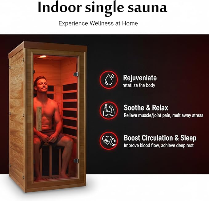 Homsido Red Light Therapy Infrared Sauna for Home – 1300W 110V 1-Person Indoor Wood Sauna w/Carbon Crystal Heaters, Red Light Lamp, Post-Workout Recovery & Spa Relaxation, Gift for Women Men HomsidoFurniture