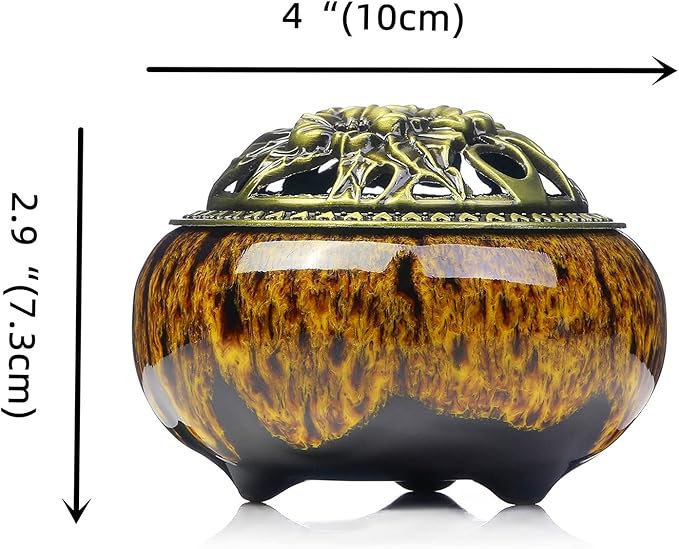 Incense Burner with Calabash Incense Stick Holder - Porcelain Charcoal Censer for Use with Resin Granular Powder Cone or Coil Incense (Kiln-Colored Yellow) - Bloomnest