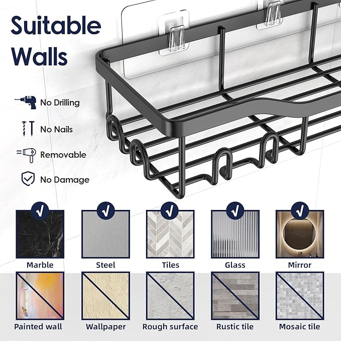 Shower Caddy Adhesive Shower Organizer 8-Pack, Rustproof Stainless Steel Bathroom Shelves, Large Capacity No-Drill Rack Storage Accessories with Soap Dish Toothbrush Holder Hooks - Bloomnest