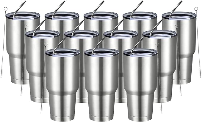 MEWAY 30oz Insulated Tumbler With Lids and Straws,Stainless Steel Double Vacuum Coffee Tumbler Cup, Brush, Durable Powder Coated Coffee Cup for Cold & Hot Drinks, Office, Travel(Silver,12 PACK) - Bloomnest