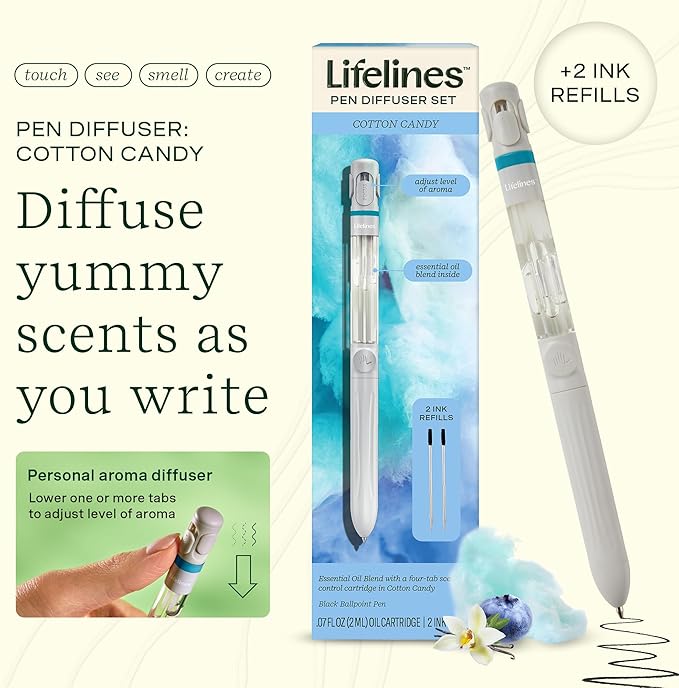 Lifelines Pen Diffuser Set, Cotton Candy - 1mm Black Ballpoint Pen with Scented Essential Oil Blend & 2 Ink Refills – Aromatherapy Diffuser & Sensory Immersion Diffuse Aroma As You Write - Bloomnest