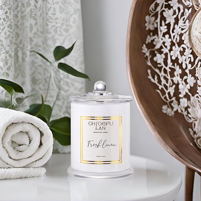 Chloefu LAN White Linen Candles, Luxury Scented Soy Jar Bathroom Candle, Highly Fragranced, Odor Eliminating Candles for Home, Air Freshing Soy Candle, White Glass Jar, Essential Oils, 75 Hours 10 oz - Bloomnest