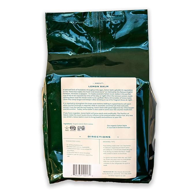 Worldwide Botanicals Organic Lemon Balm Tea, 1Lb - Loose Leaf Premium Herbal Tea | 100% Pure Lemon Balm Leaves | For Stress Relief and Good Digestion | Kosher - Bloomnest