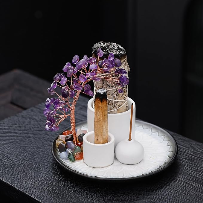 5 in 1 Incense Burner Holder with Crystal Tree for Burning Palo Santo Stick, Sage, Incense Sticks, Candle, Ceramic Tray Ash Catcher, Meditation Gift (Purple) YIENENG