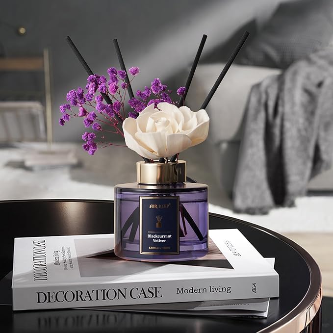 Airkeep Flower Reed Diffusers Set, 5.07 oz Blackcurrant Vetiver Scented Oil Diffuser with 8 Reed Sticks, Home Fragrance Diffuser Gift Set for Bathroom & Office Decor 150ml - Bloomnest