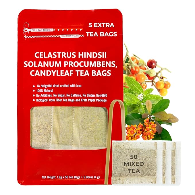 Natural Celastrus Hindsii Tea with Solanum Trilobatum & Stevia - 55 Count (+5 Tea Bags) - 4.59 oz, Bamboo Tong, Re-Steep Herbal Detox Tea Blend for Relax, Energy & Inner Health Support - Bloomnest