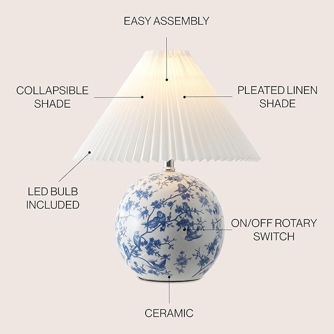 JONATHAN Y JYL5056B Shishen 19.5" Cottage Classic Chinoiserie Ceramic Orb LED Table Lamp with Pleated Shade, White/Blue for Bedroom, Living Room, Kitchen, Home Office, Kids Room - Bloomnest