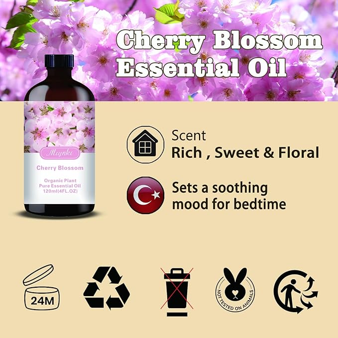 Cherry Blossom Essential Oil-Cherry Blossom Fragrance Oil 4.33oz (130ml)-100% Pure Natural Scent for Diffusers, Candles, Soap Making & Aromatherapy-Relaxing Home & Gift Essential Oil for Bath, Massage - Bloomnest