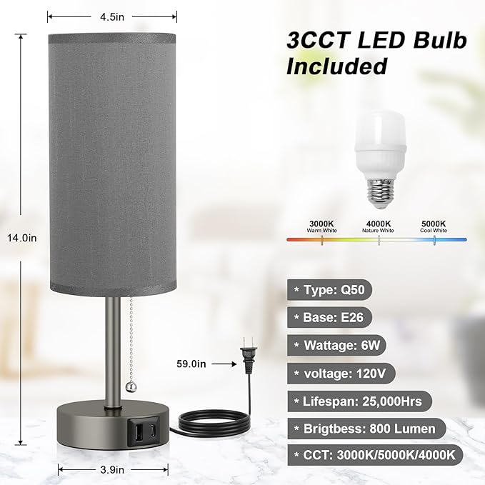 Grey Bedside Lamp for Bedroom Nightstand - Small Table Lamp with USB A + C Charging Port, 3 Color Temperatures Pull Chain Night Stand Light, Side Table Desk Reading Lamp for Living Room/Study Room - Bloomnest