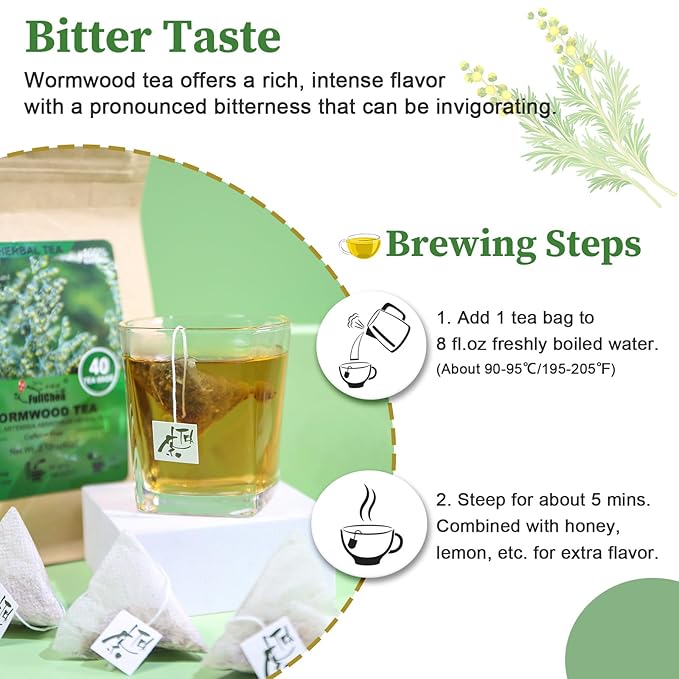 Fullchea - Wormwood Tea Bags, 40 Teabags - Bitter Herbal Tea - Pure Wormwood - Non-GMO - Caffeine-Free - Support Digestion & Well-being - Bloomnest