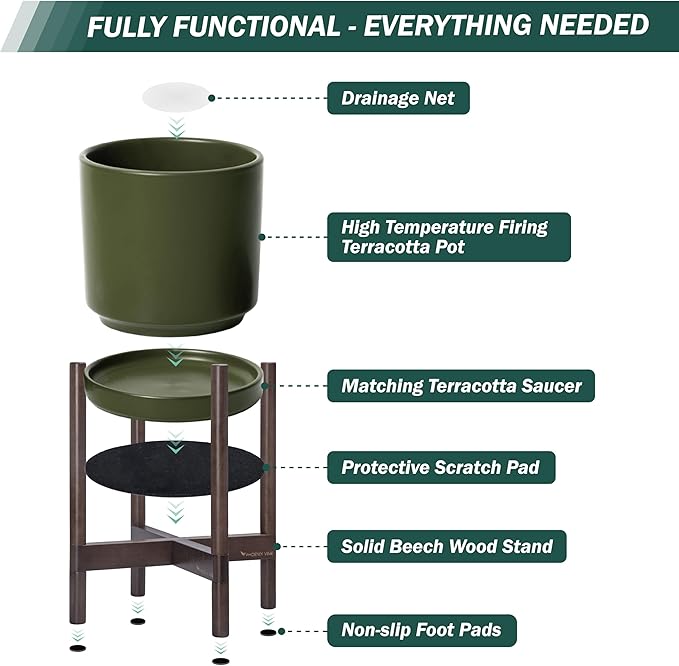 D'vine Dev Ceramic Planter with Walnut Color Stand - 8 Inch Modern Round Flower Pot with Wood Planter Holder, Olive, 55-B-Y-J - Bloomnest