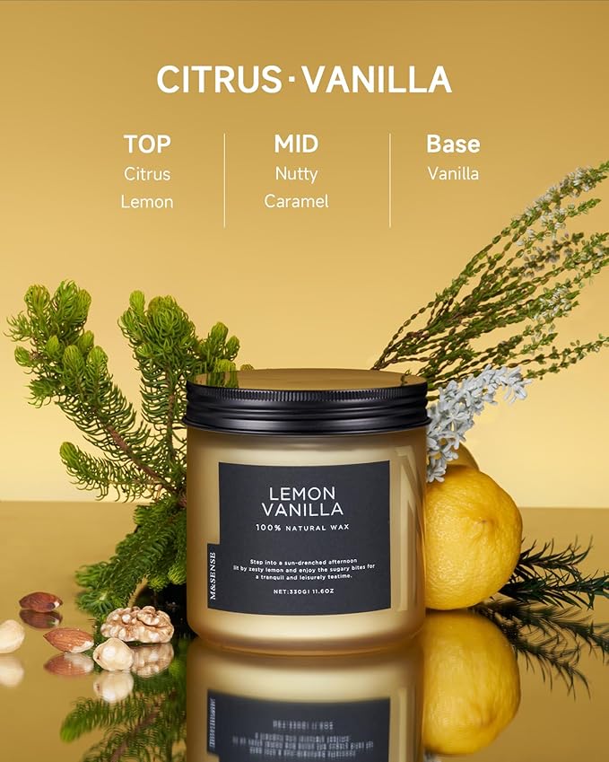 M&SENSE Candles Lemon Vanilla Scented, 11.6oz 70 Hour Long Lasting Candles for Home, 2 Wick Natural Soy Wax in Glass Jar, Stress Relief Gifts for Women and Men - Bloomnest