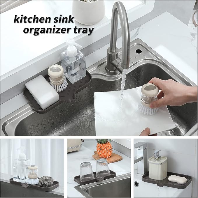 Silicone Bathroom Soap Dishes with Drain Spout-Bathroom and Kitchen Sink Organizer,Sponge Holder,Dish Soap Tray,Perfect for Dispenser,Scrubber,Bottle,Cup on Sink or Counter-Coffee 9.6"×5.3" - Bloomnest
