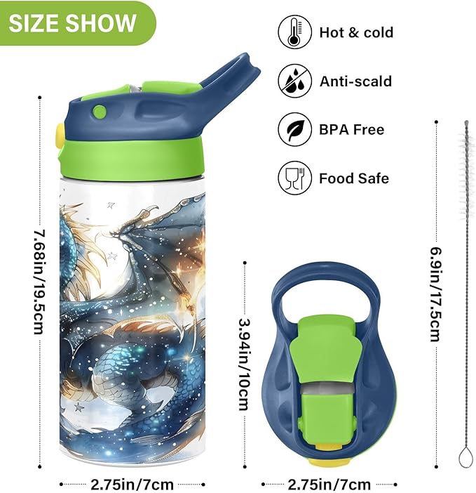 Dragon Water Fire Kids Water Bottle with Straw Lid Insulated Tumbler with Handle Stainless Steel Reusable Toddlers Cup for Kids Boys 12 oz - Bloomnest