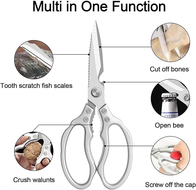 AWinjoy Heavy Duty Sharp Kitchen Scissors, Dishwasher Safe, Cooking Shears for Meat, Chicken, Fish, Poultry, Herb, Bread (Silver) - Bloomnest