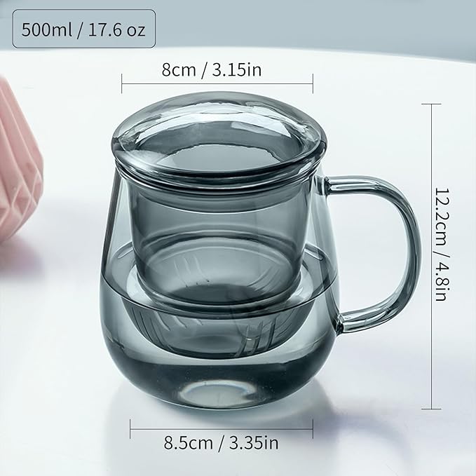Glass Tea Cup with Infuser and Lid, 17.6oz/520ml Large Borosilicate Teacup, Clear Mug for Loose Leaf Tea, Blooming Tea, Tea Bags - Perfect Christmas or Birthday Gift for Men - Bloomnest