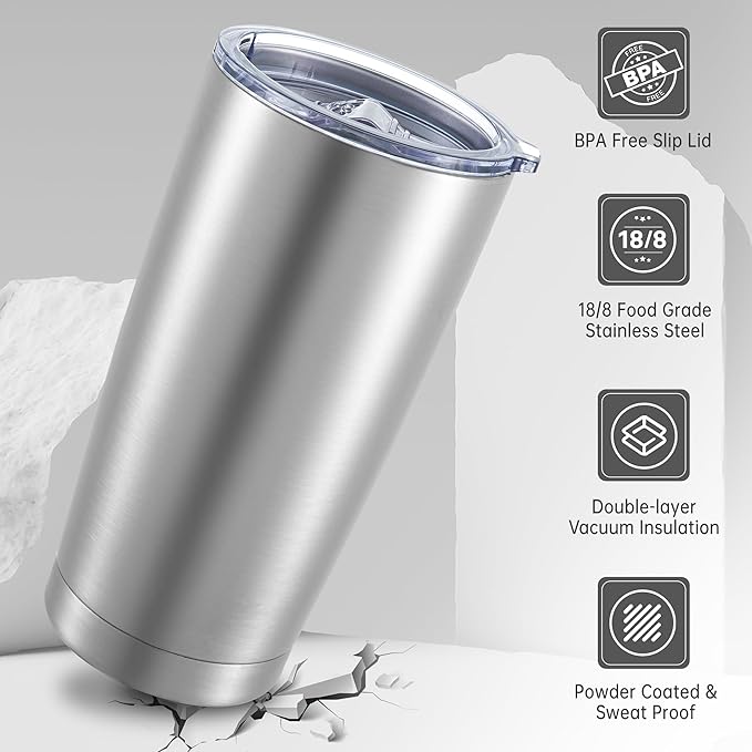 20 oz Tumblers Bulk Stainless Steel Tumbler with Lid Double Wall Vacuum Insulated Coffee Mug 20oz Powder Coated Cup for Hot and Cold Drinks, Stainless, 12 pack - Bloomnest