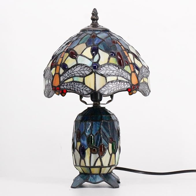 Small Tiffany Lamp Stained Glass Table Lamp Mini Mother Daughter Vase Desk Accent Night Light for Bedroom Bedside Reading Home Antique Style 8X14 Inches (Sea Blue Yellow) - Bloomnest