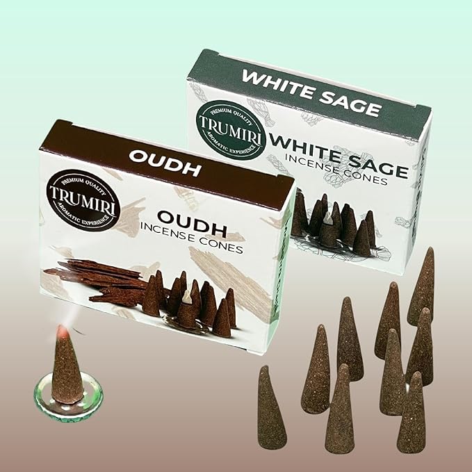 Incense Cones - Combo Pack of 20 Cone Incense - 10 White Sage + 10 Oud - Insence Cones - Incense Cones Scented - Cone Incense Scents - Insense Cones - Incent Cone TRUMIRI