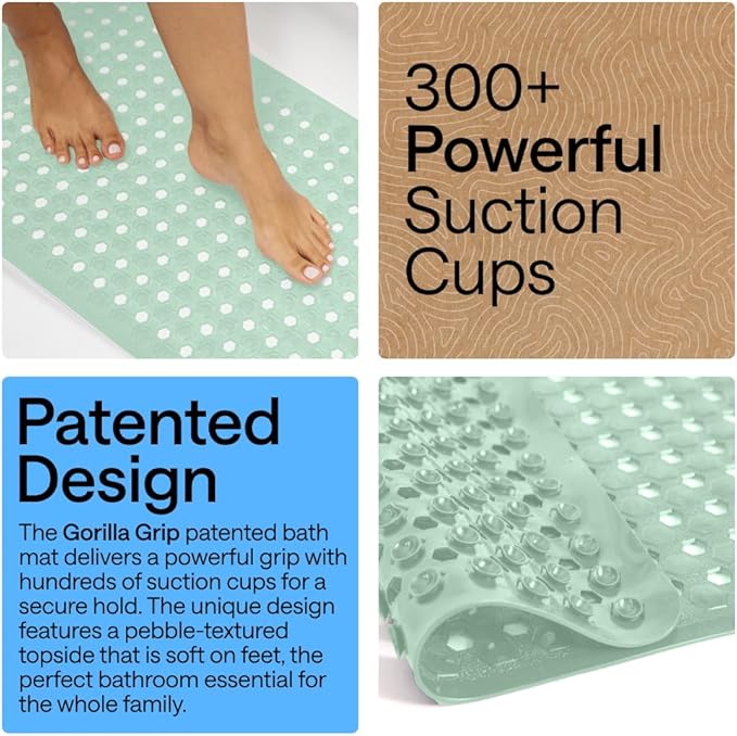 GORILLA GRIP Patented Bath Tub Shower Mat, Machine Washable Bathtub Floor Liner Mats, Suction Cups and Drain Holes to Keep Tubs Clean, Soft on Feet, Bathroom Essentials, 35x16 Inch, Mint Opaque - Bloomnest