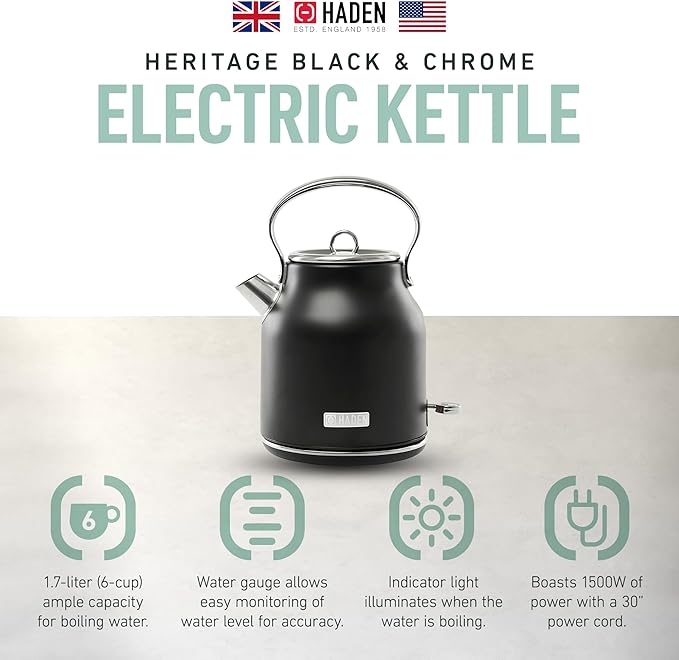HADEN Heritage 1.7 Liter Stainless Steel Electric Kettle, Hot Water Kettle with 360-Degree Base and Auto Shutoff, Black & Chrome - Bloomnest