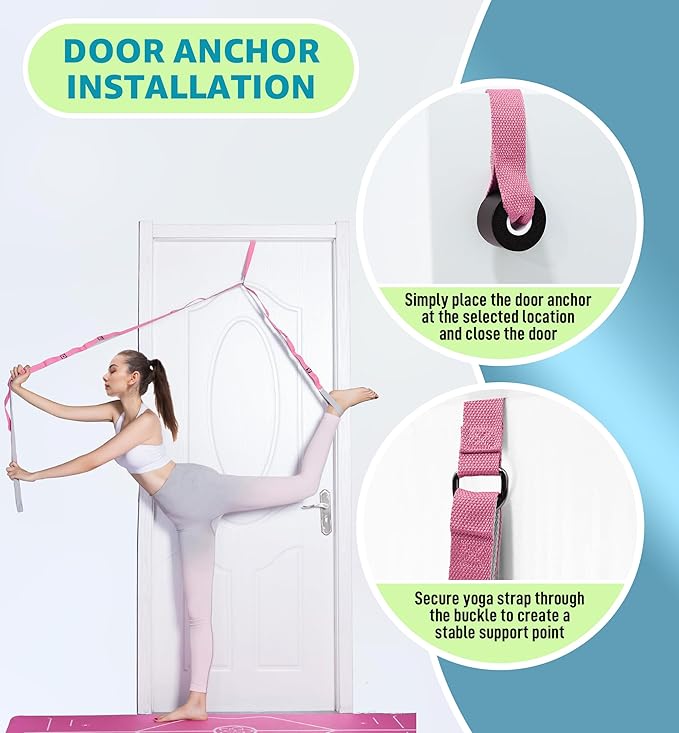 HiRui Stretching Strap Yoga Strap with Door Anchor, 14-Loops Non-Elastic Stretch Straps for Physical Therapy, Pilates, Dance, Gymnastics | Stretch Band with Workout Guide for Women & Men - Bloomnest