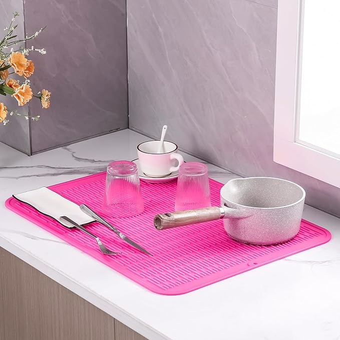 Silicone Dish Drying Mat for Multiple Usage,Easy clean,Eco-friendly,Heat-resistant Silicone Mat for Kitchen Counter or Sink,Refrigerator or Drawer Liner Rose 2XL 24 inches x 18 inches - Bloomnest