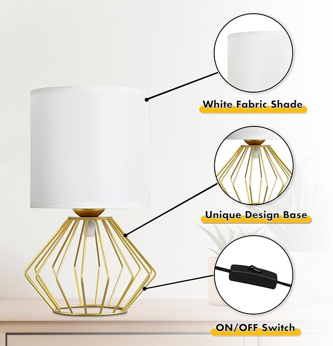 Hamilyeah Table Lamps Set of 2, Modern Bedside Lamps with White Fabric Shade, Industrial Night Stand Lamps with On/Off Switch, Gold Simple Lamp for Bedroom, Living Room - Bloomnest