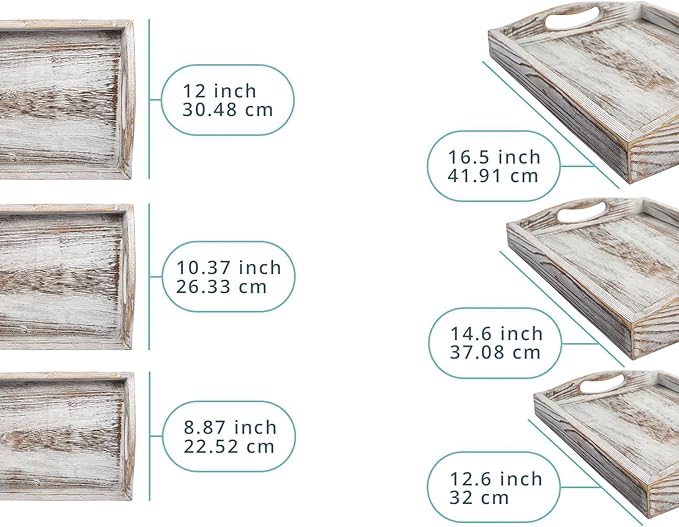 Comfify Serving Trays Set of 3 - Ottoman Wood Trays for Entertainment, Food and Decor - Rustic Farmhouse Distressed Wood Finish - Rustic White - Bloomnest