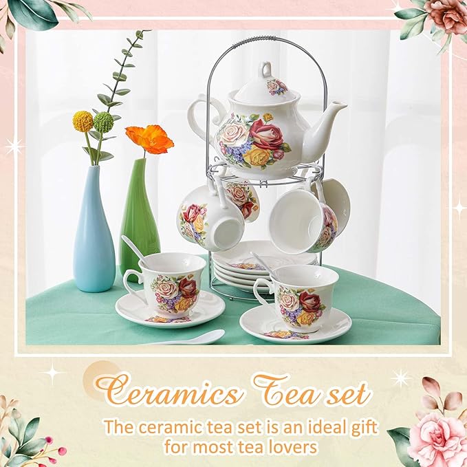 Zhehao 20 Pcs Porcelain Tea Set with Metal Holder and Spoon Adult Ceramic Tea Set European Flower Painting Teapot Cup Saucer Spoon for Women, Large Version(Floral Style) - Bloomnest