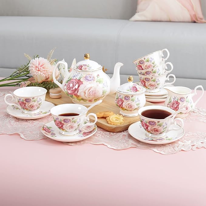 fanquare European Porcelain Coffee Set, Pink Women Tea Set, Bone China Tea Set, Vintage Floral Coffee Tea Pot with Cups - Bloomnest