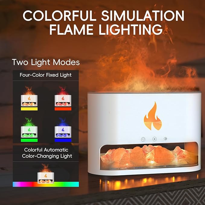 Essential Oil Diffuser, Fireplace Fire Flame Aromatherapy Diffuser, 250ml Himalayan Salt Lamp Scent Diffuser, Cool Mist Humidifier with 7 Colors Light, Timer & Auto-Off for Home, Room (White) - Bloomnest