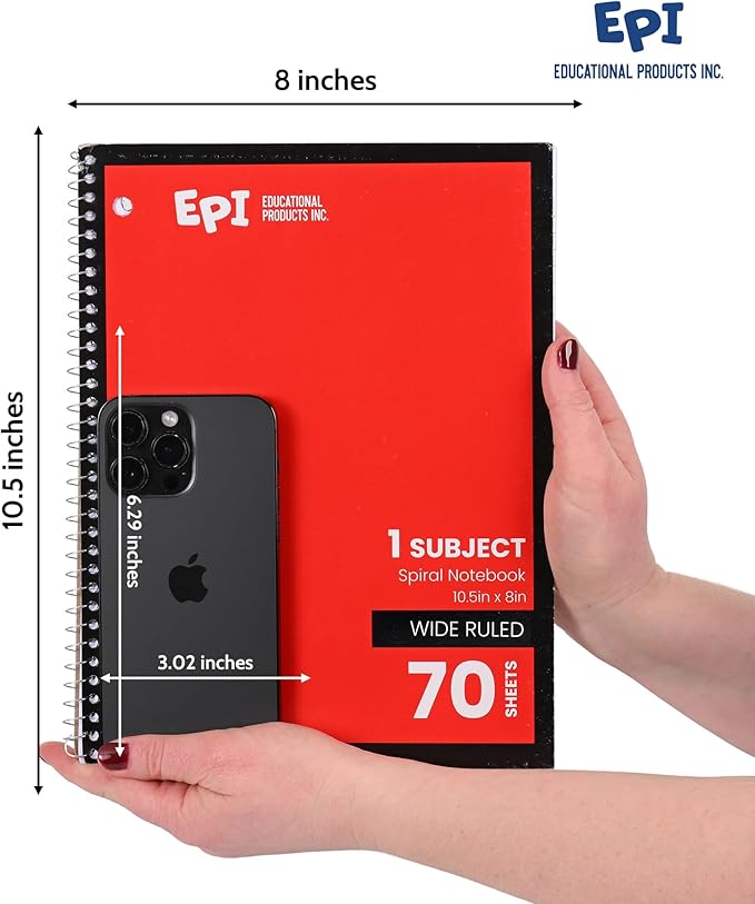 EPI Spiral Notebook | Wide - 70 Sheets, Durable Spiral Binding | 10.5 x 8 in | Classroom Supplies | School, Office, Note Taking, Journaling - 48 Pack - Bloomnest