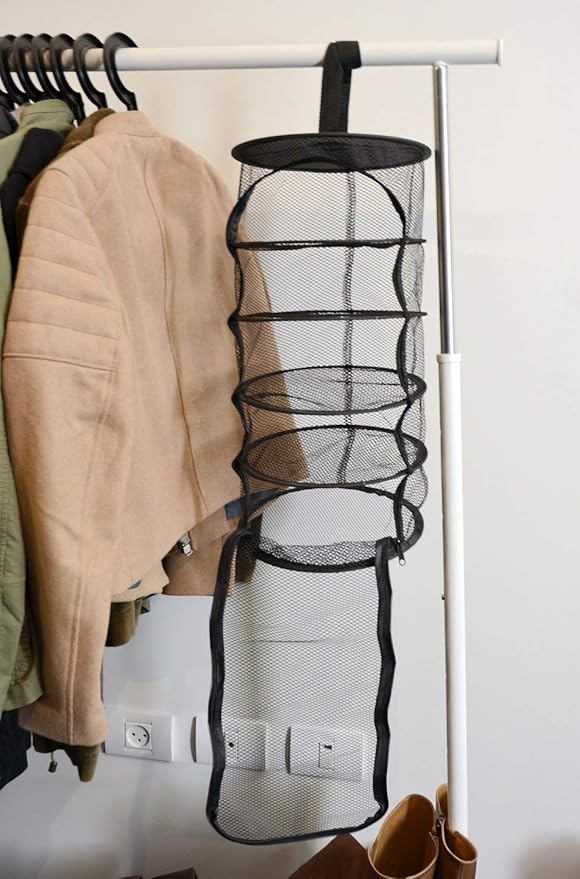9 Inch 5 Level Micro Hanging Dry Net Indoor/Closet Drying Rack for Herbs, Plants, Organizer, Freshner - Black Mash Screen with Top-to-Bottom Zipper - Apartment Size with Zipped Storage Pouch - Bloomnest