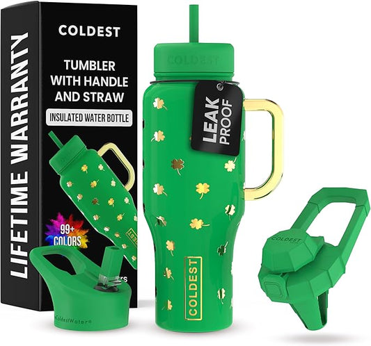 Coldest Tumbler with Handle and Straw - 100% Leak Proof Insulated Tumbler with Lid and Straw (3 Lids) - Stainless Steel Tumblers for Women & Men - Cup Holder Friendly Base, 36 oz (Lucky) - Bloomnest