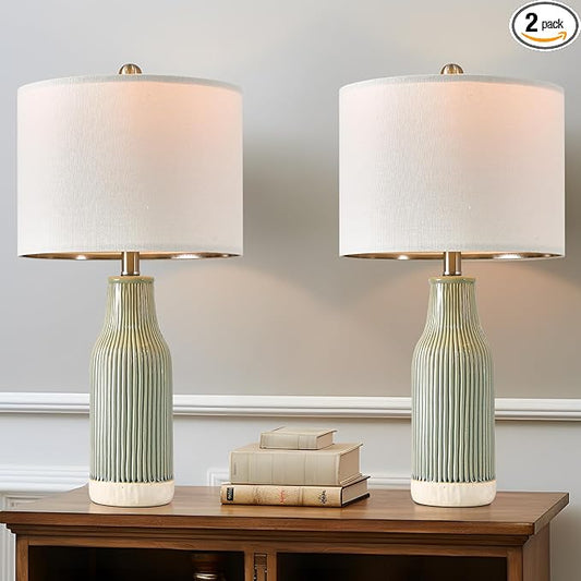 23.75" Modern Green Ceramic Table Lamp Set of 2 for Living Room, Farmhouse Bedside Nightstand Lamp for Bedroom Home Office Dorm - Bloomnest