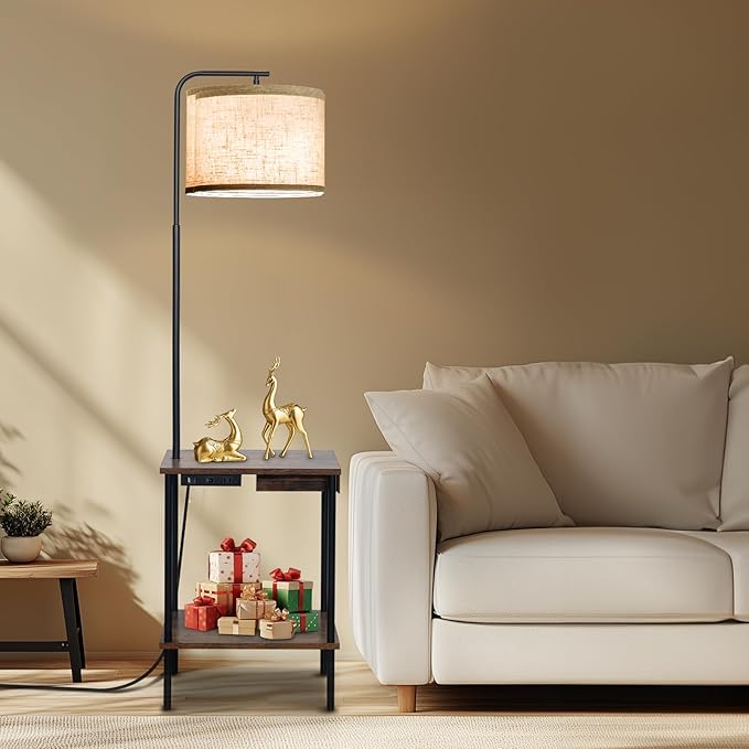 Floor Lamp with Table & Drawers, End Table Lamp with USB Charging Portt Power Outlet and Shelves, Side Table Reading Light with 3 Color Temperature Led Bulb Included for Living Room, Yellow - Bloomnest