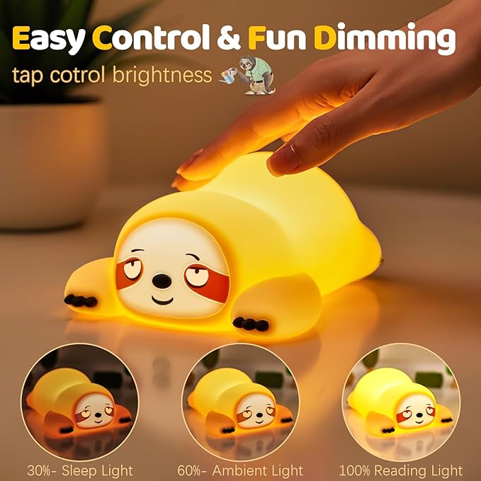 Cute Sloth Gifts Night Light, Funny Sloth Lamp, Rechargeable Squishy Dimmable Weird Nightlight, LED Novelty Animal Cute Stuff, Room Dorm Décor, Silicone Touch Light Up Sloth for Baby Kids - Bloomnest
