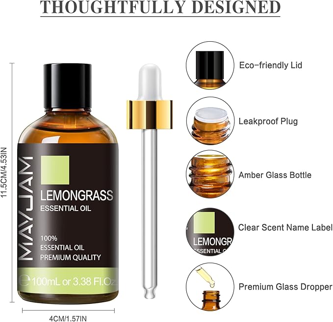 Lemongrass Essential Oil, 3.38fl.oz, MAYJAM Premium Essential Oils with Glass Dropper, Lemongrass Oil for Diffuser, Aromatherapy - Bloomnest