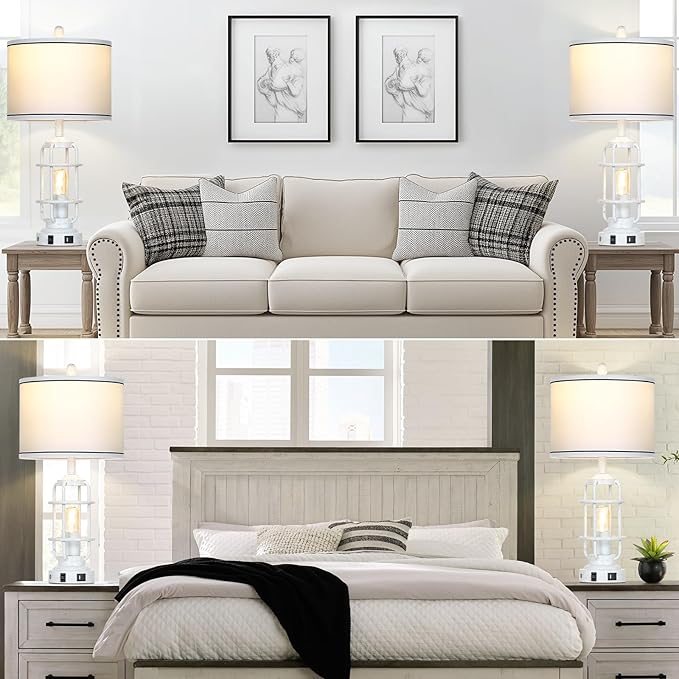 Farmhouse Industrial Lamps with USB A+C Charging Ports & AC Outlet, 3 Way Dimmable Touch Control Vintage Rustic Table lamps for Living Room, White Retro Beside Nightstand Metal Modern Lamp for Bedroom - Bloomnest