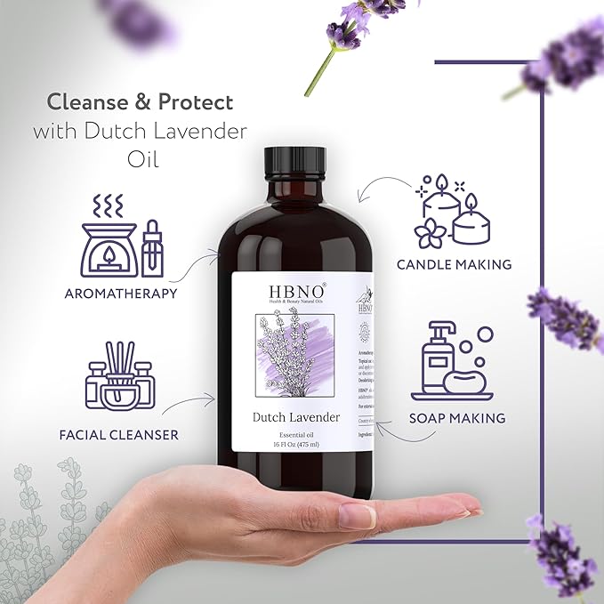 HBNO Lavender Dutch Oil - 16 oz (475ml) Large Size - Ideal for Shampoos, Conditioners, Mouth Washes, Face wash, Lotions, and Skin Care Products (Glass Bottle). - Bloomnest