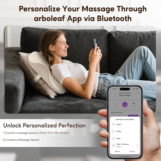 arboleaf Back Massager for Pain Relief Deep Tissue, Bluetooth App Control, Shiatsu Neck Shoulder Massager with Heat, Cordless Portable for Chair Car Office Home - Bloomnest