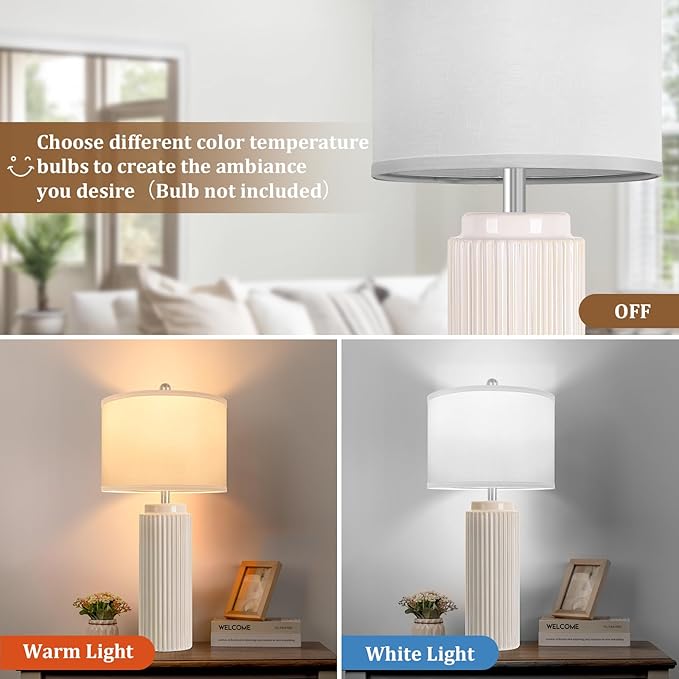 28’’ Farmhouse Ceramic Table Lamps Set of 2 for Living Room, Cream Vintage Bedside Table Lamps with White Linen Shade, Rustic Nightstand Lamps for Bedroom Home Office End Table Dorm - Bloomnest